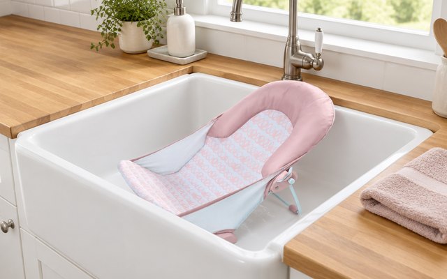 Ingenuity FoldAway Bather, set in a deep white farmhouse kitchen sink, a folded towel on the butcher-block counter beside it