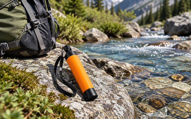 Water filter straw, on a rock beside a clear mountain stream, a hiking backpack nearby
