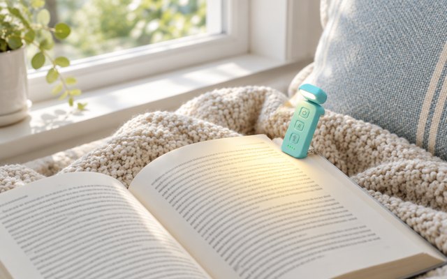 A slim turquoise mini book light clipped to the top of an open paperback on a window seat