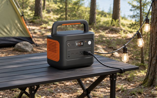 Jackery Explorer 1000 v2, on a camp table at a forest campsite beside a string of lights plugged into it