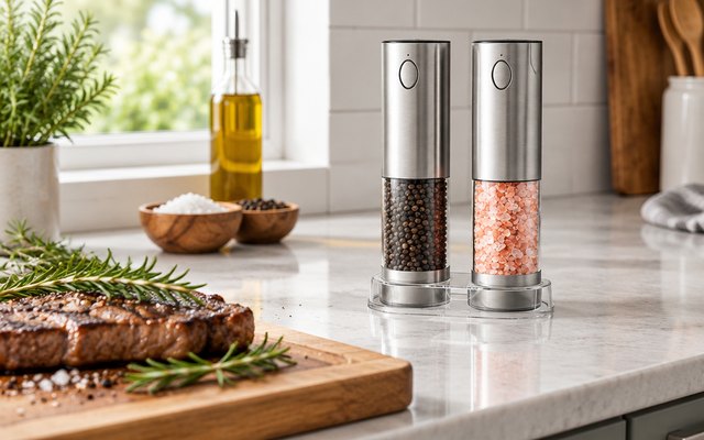 ThermoMaven electric grinder set, on a kitchen counter beside a cutting board with a steak and rosemary