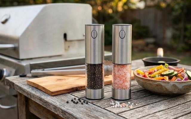 Two stainless electric salt and pepper grinders on a wooden outdoor table by a barbecue, beside a cedar plank and grilled vegetables