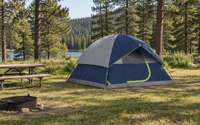 Coleman Sundome 6-person tent, at a grassy family campground with a picnic table and a pine forest behind