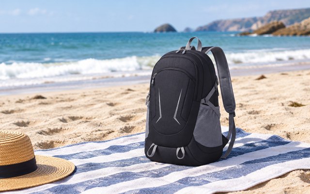 MIYCOO 35L daypack, on a striped beach towel on a sandy beach