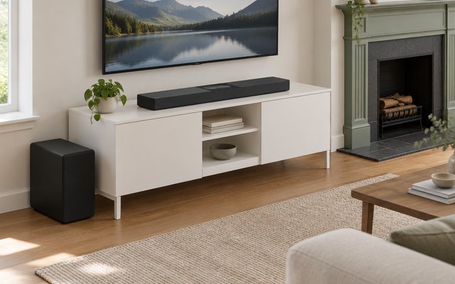 Hisense HS2000 soundbar, on a white TV unit and its subwoofer on the floor beside it, in a living room with a painted fireplace
