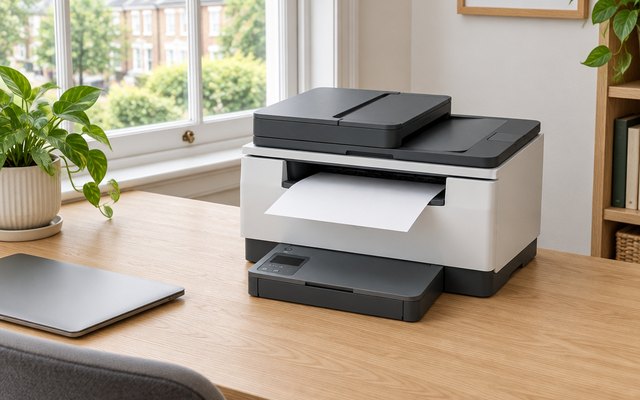 HP LaserJet M235sdw laser printer, on a home-office desk with a blank sheet in its tray