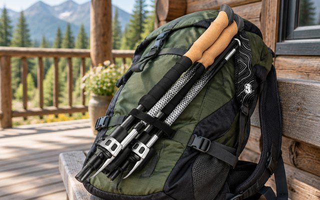 Hiker Hunger Folding Trekking Poles, folding trekking poles folded and lying on top of a hiking backpack on a cabin porch