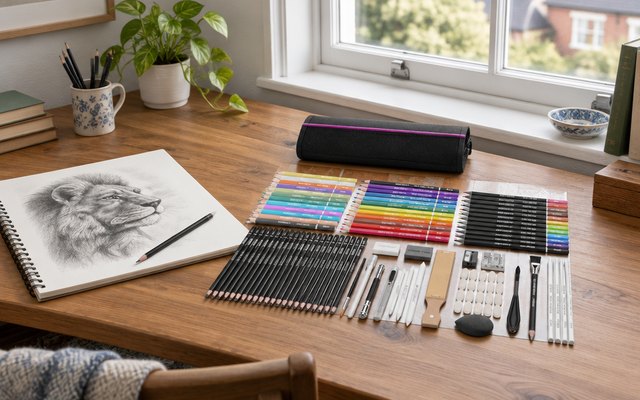 HIFORNY sketching set, on a wooden desk by a sash window in a British spare room, a sketchbook with a graphite drawing beside it