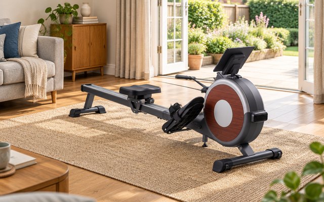MERACH rowing machine, on a rug in a bright British living room by open patio doors