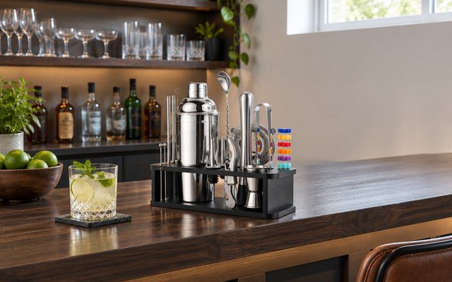 HMYBAR 22-piece cocktail shaker set, on the dark wood counter of a finished-basement home bar, a row of glasses on a shelf behind, daylight from a high window