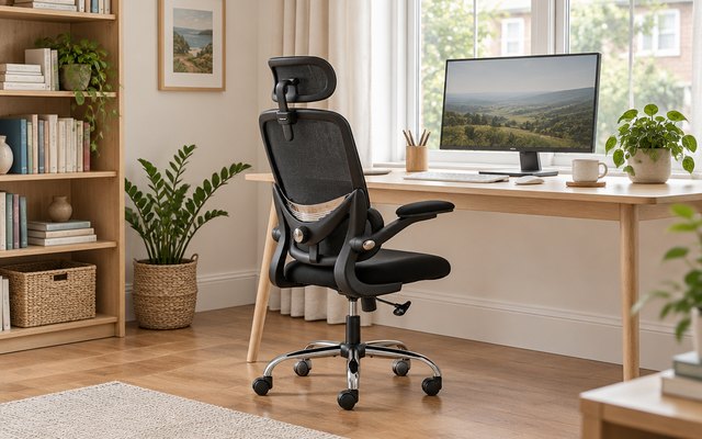Ergonomic mesh office chair with flip-up arms, at a home-office desk