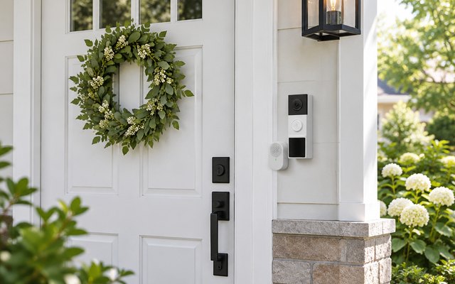 Tapo D210 2K Battery Video Doorbell with Chime, mounted beside a white front door with a wreath, porch light