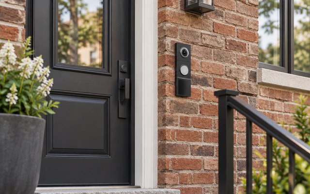 Tapo D225 2K+ Video Doorbell with Chime, mounted beside the door of a brick townhouse, steps and a railing