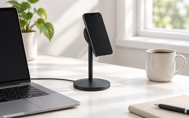 Anker MagGo charging stand on a white desk with a phone held on its magnetic pad