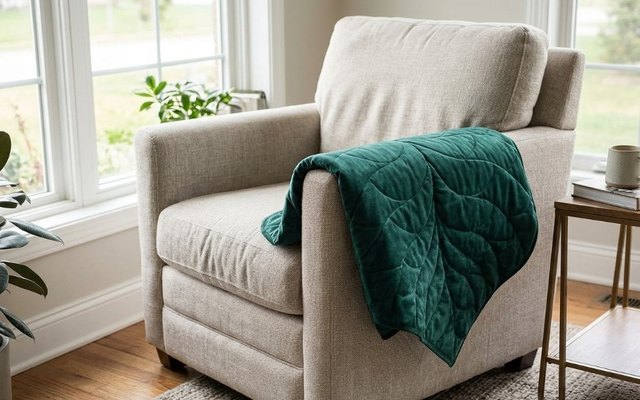 Green leaf-shaped weighted lap blanket folded over the arm of a reading chair by a window
