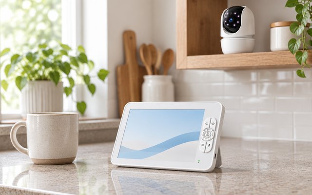 7-inch parent screen standing on a kitchen counter beside a coffee mug