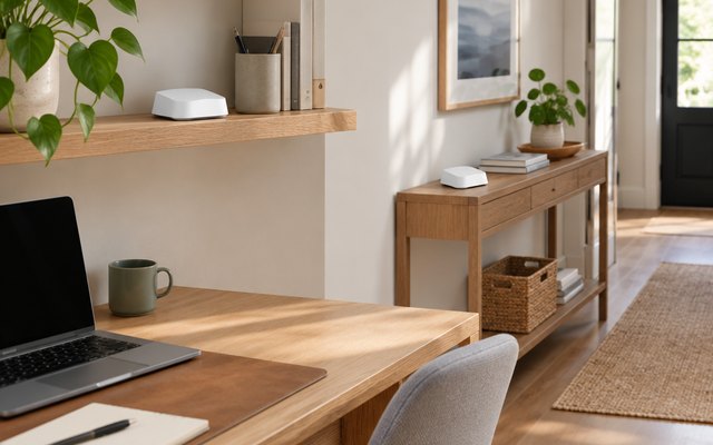 Amazon eero 7 mesh system, one unit on a home office desk shelf, another on a hallway console behind