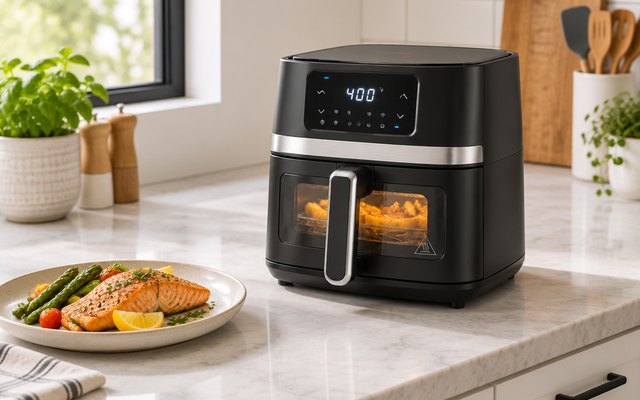 Cuisinart basket air fryer, on a small apartment kitchen counter beside a plate of salmon