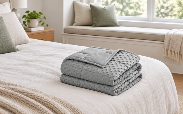 Kivik reversible weighted blanket, folded at the foot of a bed with one corner turned back to show both sides, a window seat behind