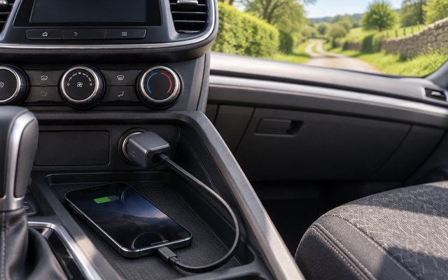 Anker Nano car charger, plugged into the centre-console socket of a modern hatchback, its cable pulled out to a phone in the tray, a sunny British country lane