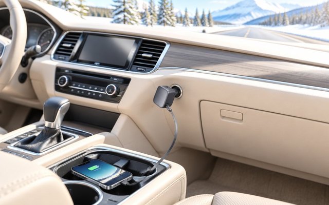 Car charger in a dashboard socket, its built-in cable pulled out to a phone, a snowy road through the windshield