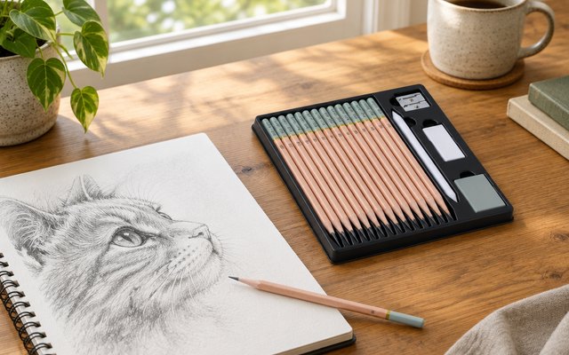 KALOUR sketch pencil set, on a wooden table beside a sketchpad by a window