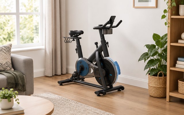 MERACH S26B2 exercise bike, in the corner of a small living room beside a houseplant