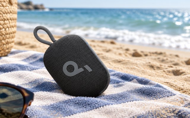 Soundcore Select 4 Go Bluetooth Speaker by Anker, on a towel on a sandy beach with the sea behind