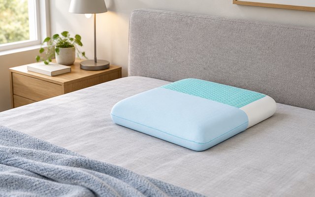 EGOHOME cooling gel pillow, on a light gray upholstered bed beside a nightstand with a reading lamp