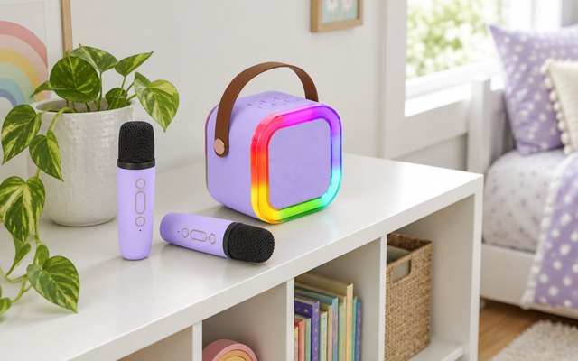 Lilac karaoke speaker with rainbow lights on a bedroom shelf
