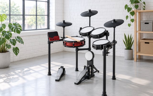 A black electronic drum kit with a red snare and white mesh pads in a bright music room