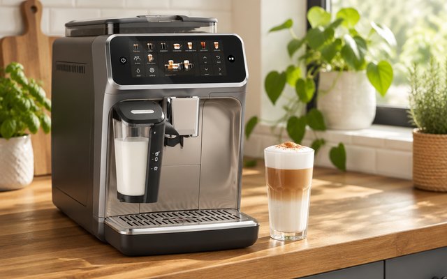 Philips 5500 Series LatteGo Super-Automatic Espresso Machine, espresso machine on a wooden kitchen counter, a latte macchiato in a tall glass beside it