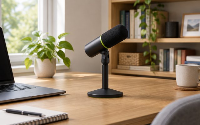 Shure MV6 microphone, on a desk in a home office with a bookshelf behind