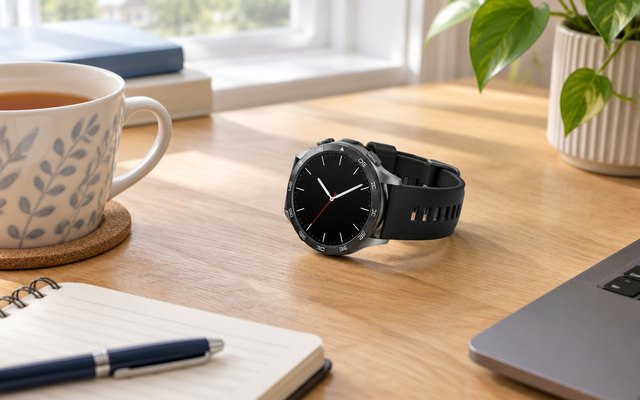 Huawei Watch GT 5 smartwatch, lying on an oak desk beside a notebook and a cup of tea