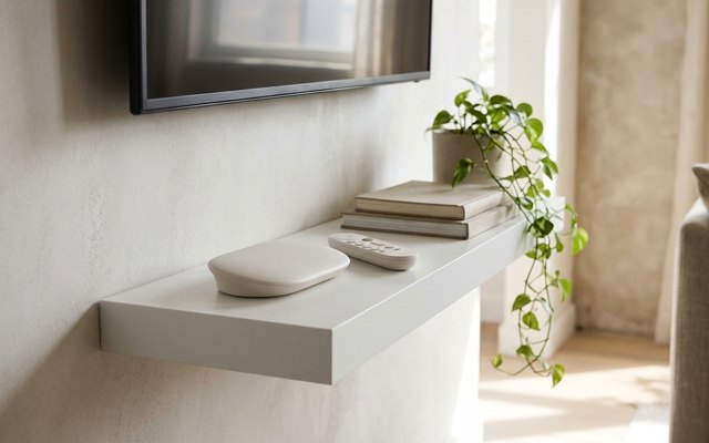 Google TV Streamer, a low rounded streaming box in pale porcelain beside a TV on a white shelf