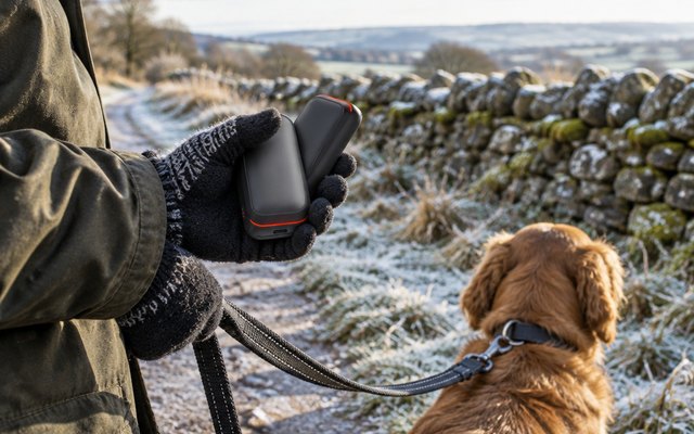 Gaiatop hand warmer, held in a gloved hand beside a dog lead on a frosty countryside footpath by a dry-stone wall