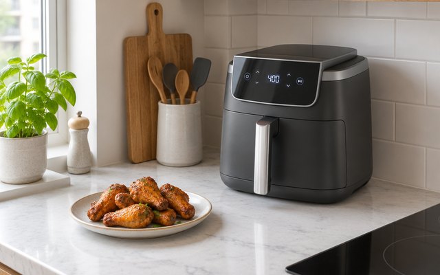 Compact grey air fryer in the corner of a small apartment kitchen counter beside a plate of crispy chicken wings