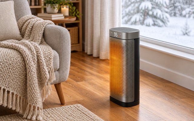 Tall slim ceramic space heater standing on a wooden floor beside an armchair and a knitted throw in a cosy living room on a snowy winter afternoon