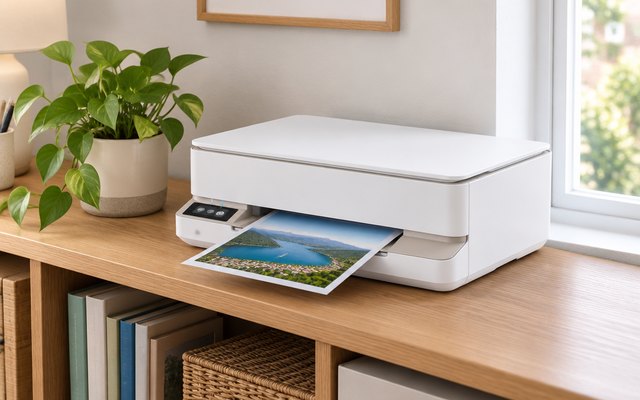 HP Envy 6120e printer, on a shelf in a British home office beside a plant, a photo print in its tray
