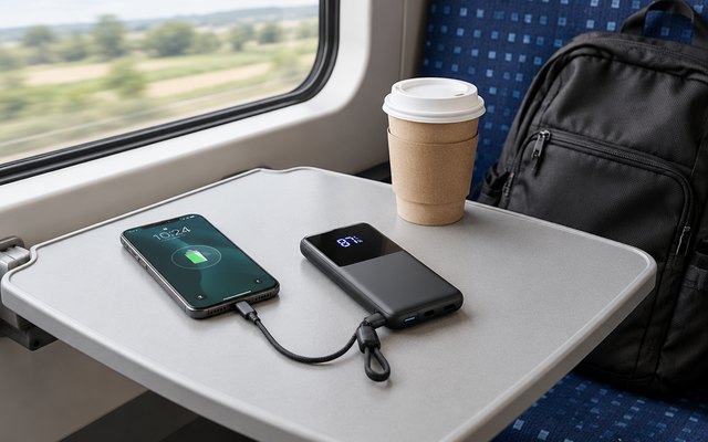 Slim power bank on the fold-down table of a train seat beside a phone