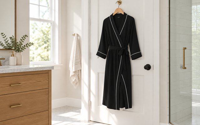 PrinStory lightweight robe, hanging on a hook on the door of a sunny bathroom