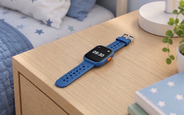 Kids' smartwatch, on a bedside table in a tween's bedroom