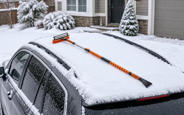 Long orange-handled snow brush lying across a snowy SUV roof