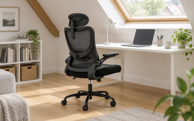 Marsail mesh office chair, at a white desk in a loft conversion under a skylight