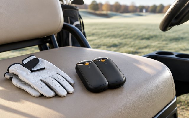 BEYYON magnetic hand warmers, on the seat of a golf cart beside a pair of golf gloves on a chilly morning