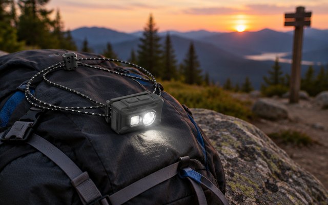 Nitecore NU20 headlamp, lying on a trail running pack on a rock at a trailhead at dusk