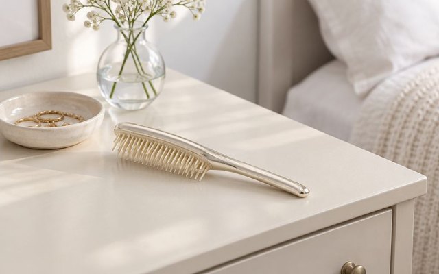 Champagne chrome detangling brush on a bedroom dresser beside a jewellery dish