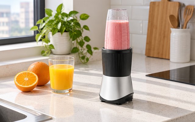 Consciot personal blender, on a small apartment kitchen counter beside a glass of orange juice and a few oranges