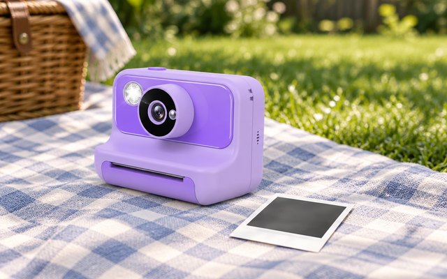 Gofunly instant print camera, on a picnic blanket in a sunny backyard, a small print beside it with a blank image
