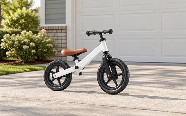 SEREED toddler balance bike, standing on a driveway in front of a suburban garage